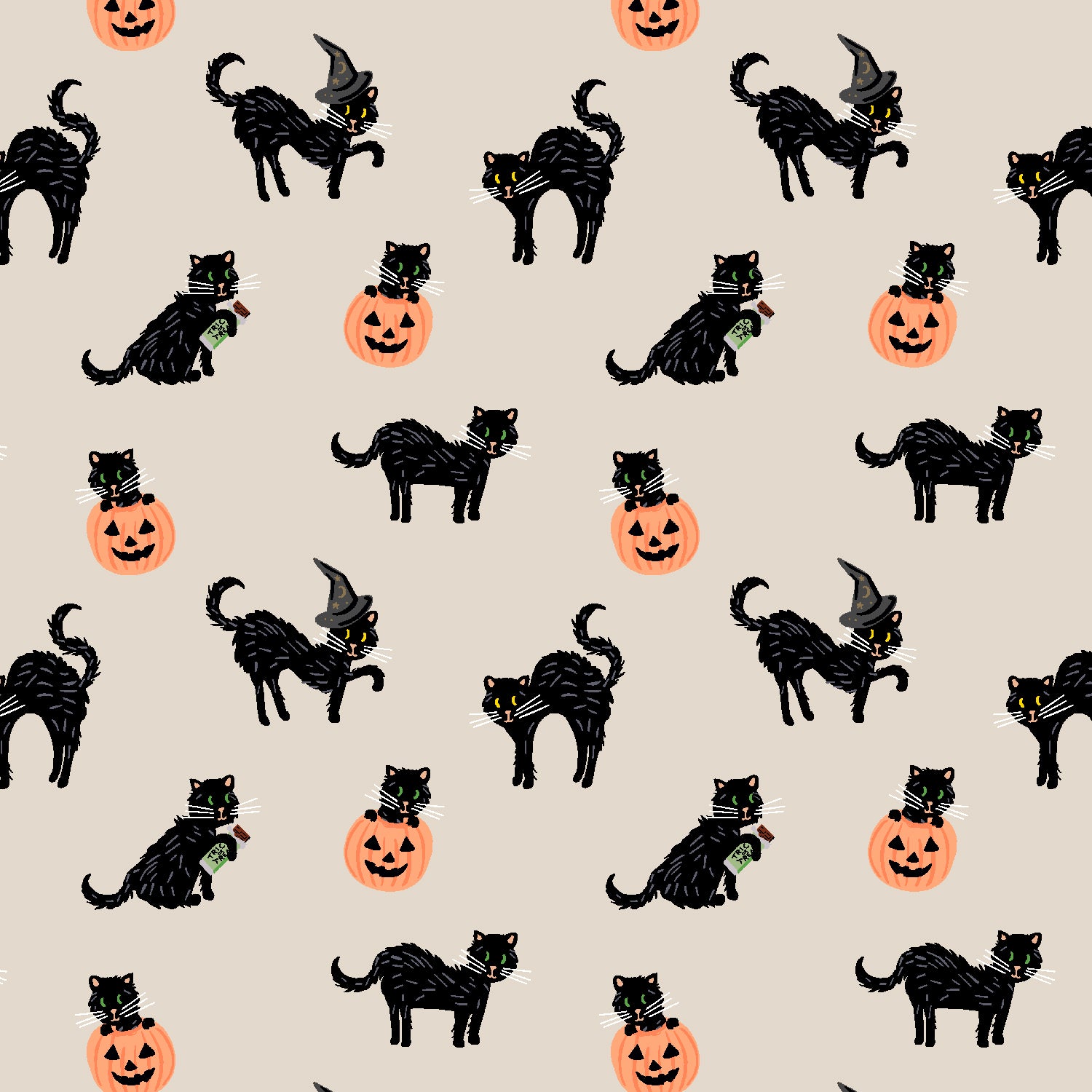 Halloween - Black Cat - Linen Metallic Fabric Half Yard