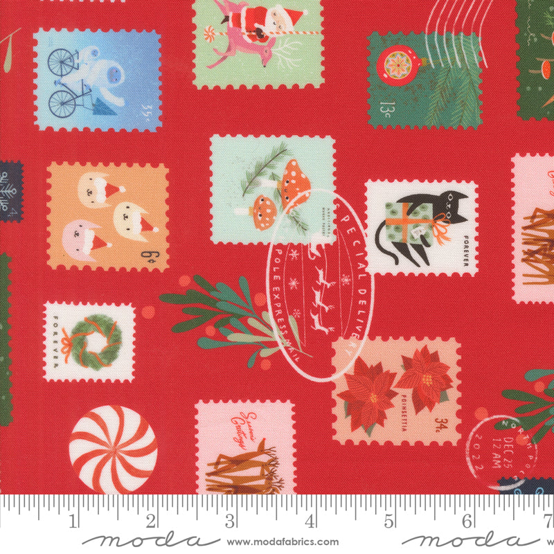Tiny Christmas || Christmas Stamps Christmas Red || Cotton Quilting Fabric