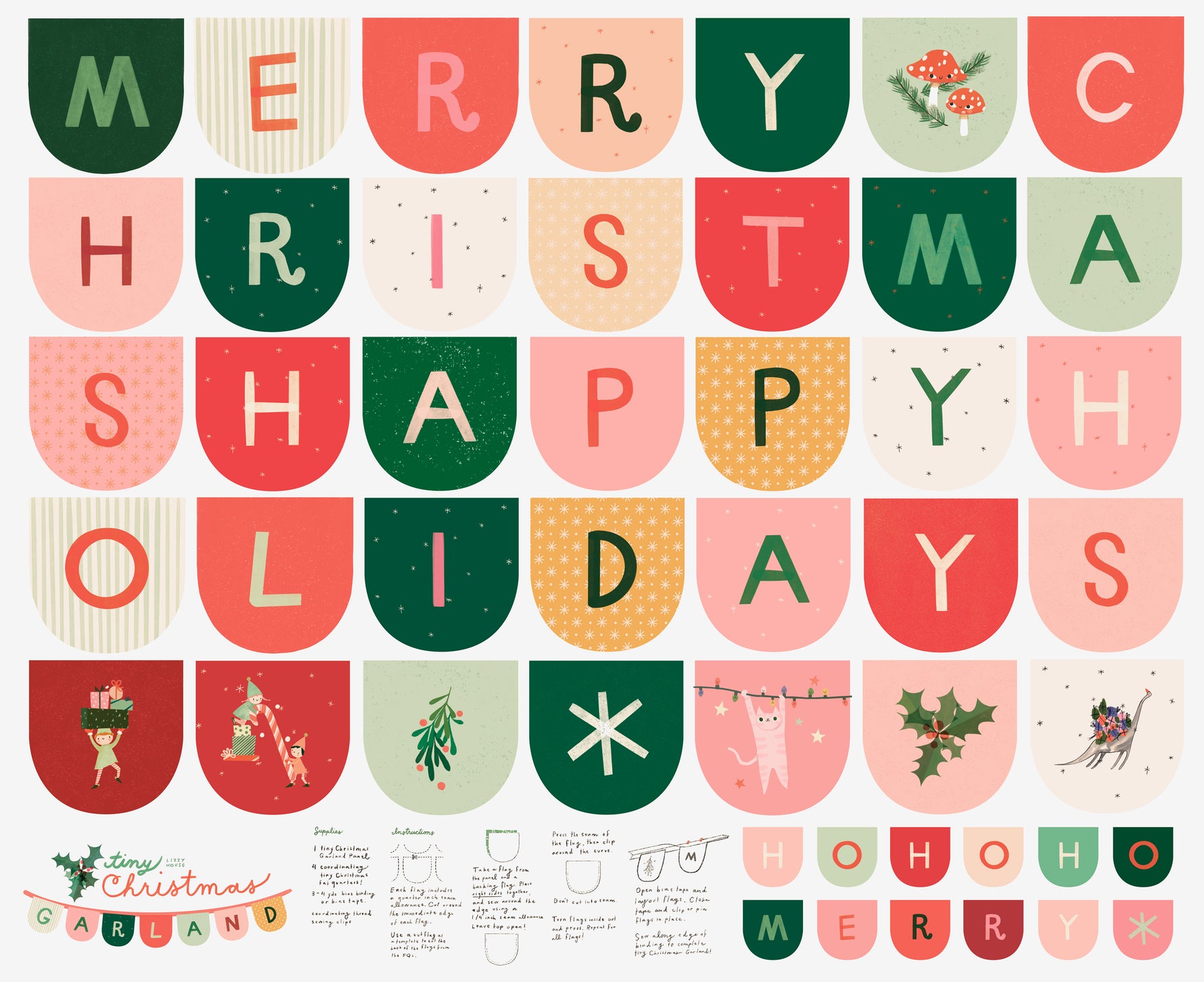 Tiny Christmas || Garland Panel - 36"x44" || Cotton Quilting Fabric