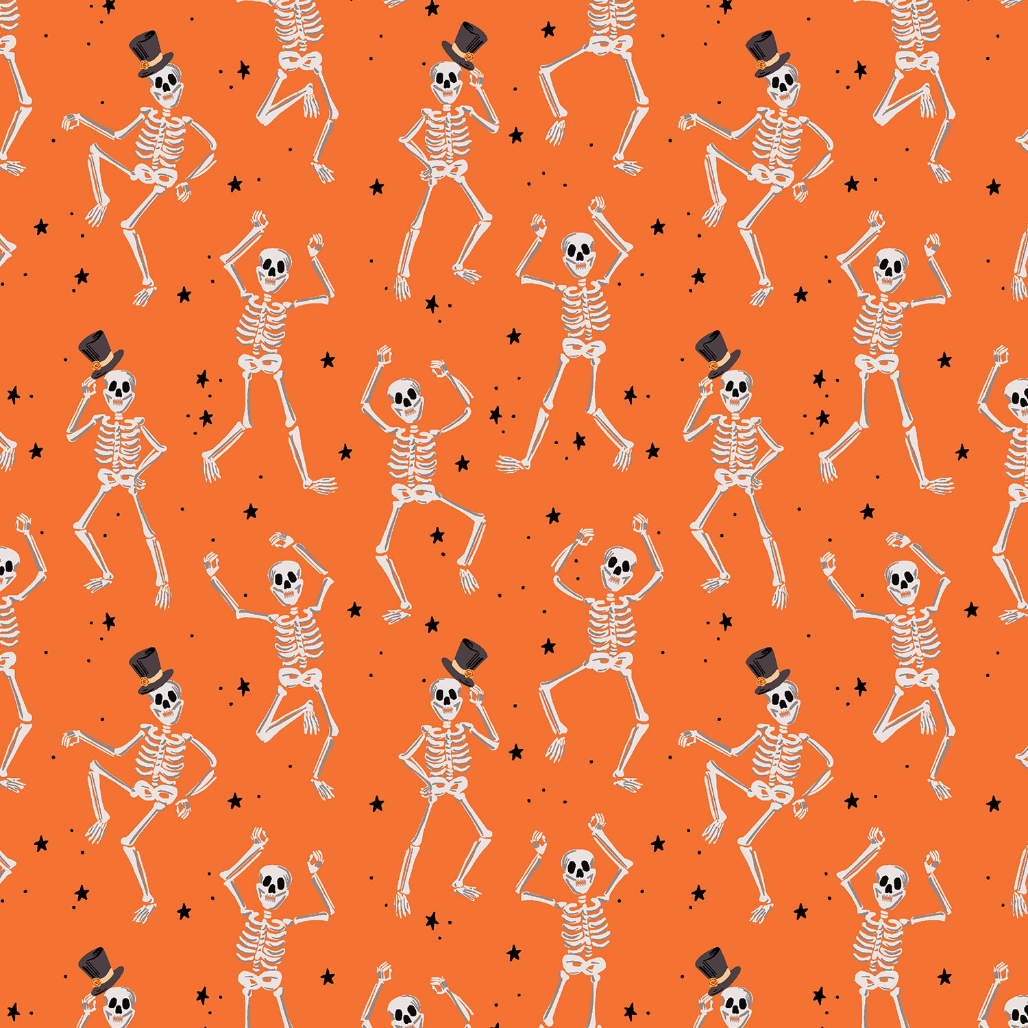 Halloween - Orange Skeletons - Black Metallic Fabric Half Yard
