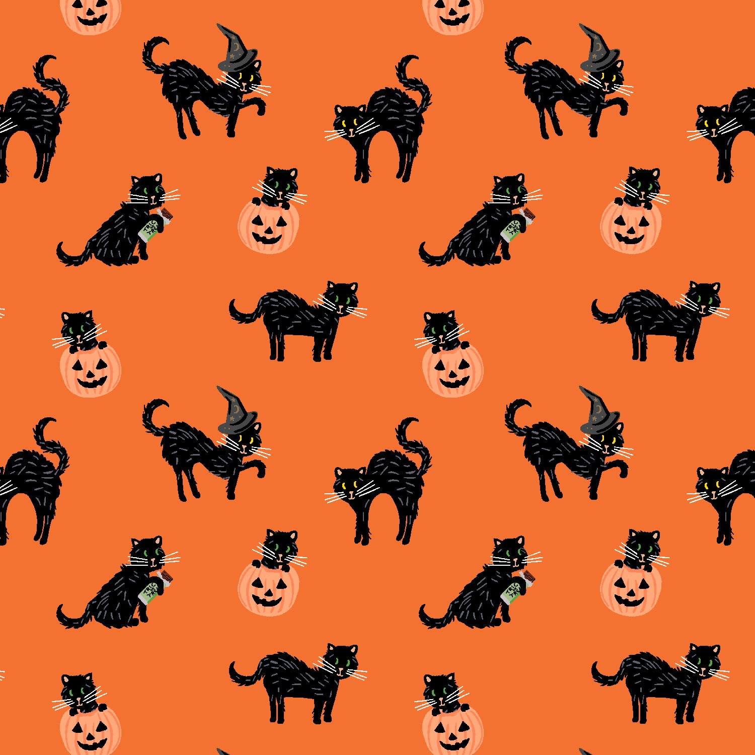 Halloween - Black Cat - Orange Metallic Fabric Half Yard