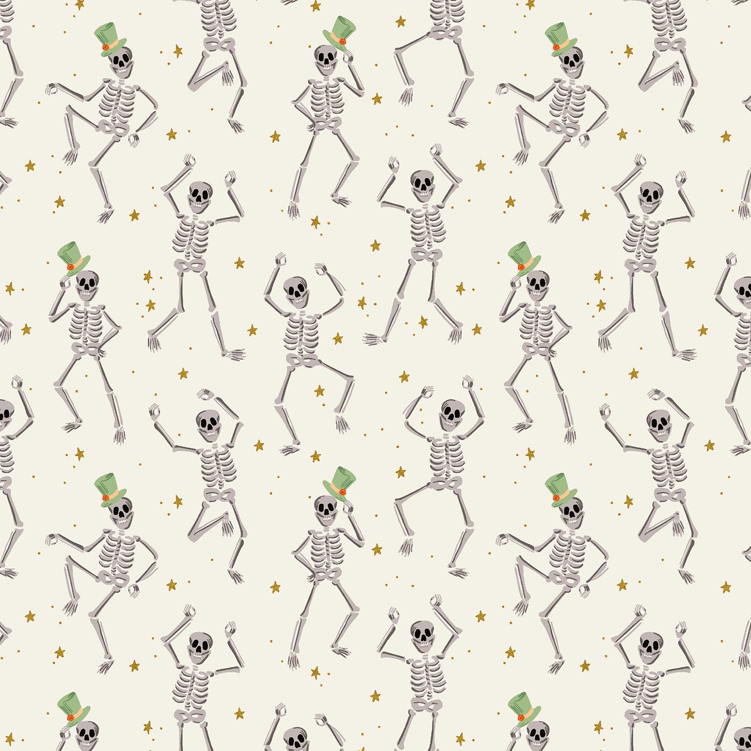 Halloween - Cream Skeletons - Black Metallic Fabric Half Yard