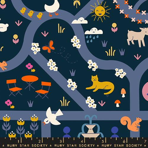 Woodland Park || Garden Map Teal Navy || Cotton Quilting Fabric