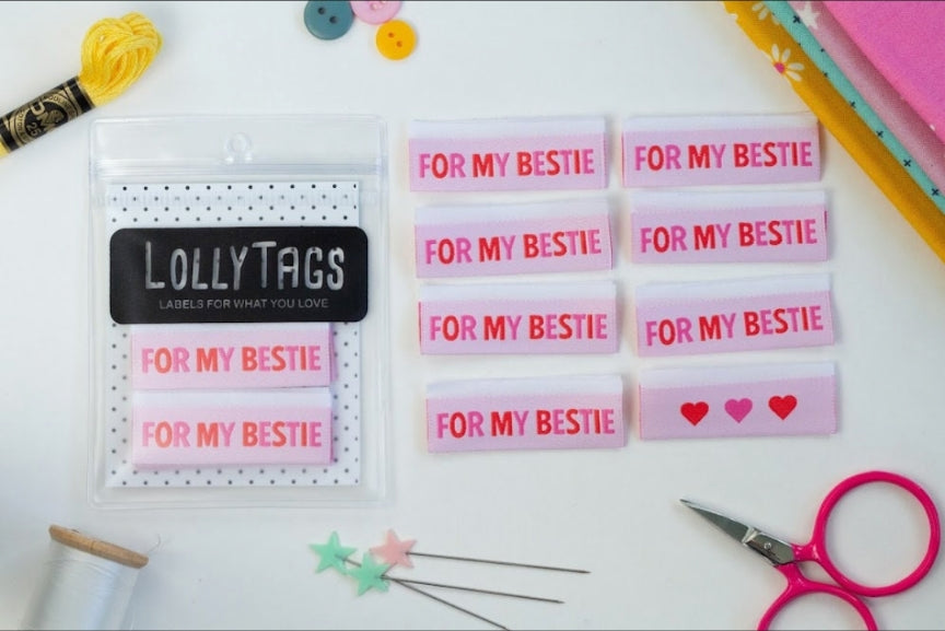 "For My Bestie" in Pink Lolly Tags Labels || Pack of 8 Woven Labels