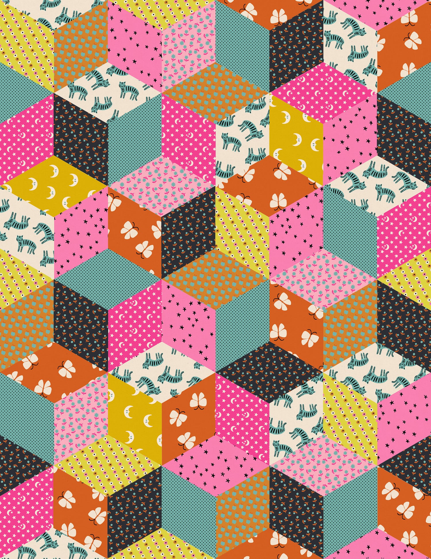 Ooh Lucky Lucky || Tumbling Blocks Turquoise || Cotton Linen Canvas || Half Yard