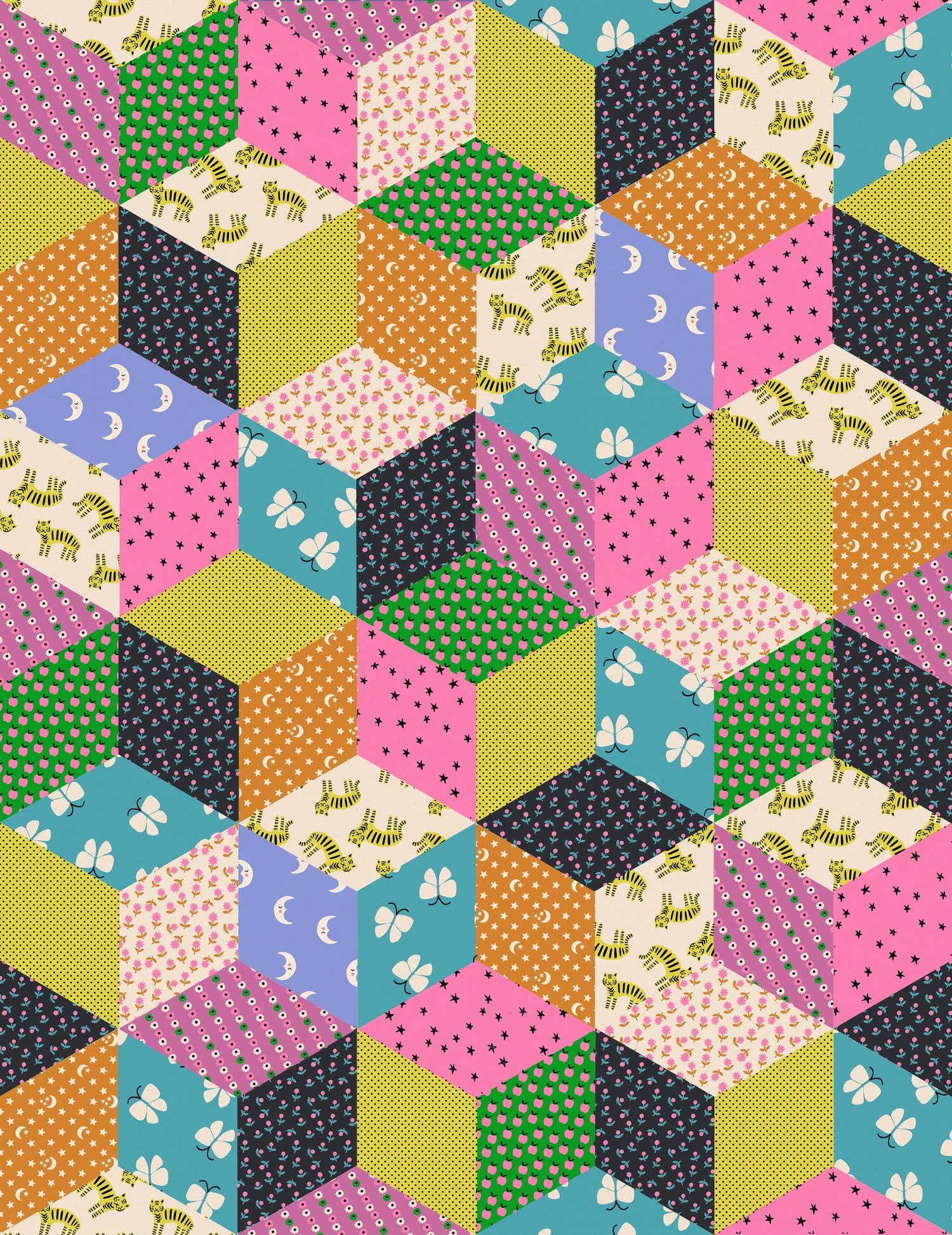 Ooh Lucky Lucky || Tumbling Blocks Citron || Cotton Linen Canvas || Half Yard