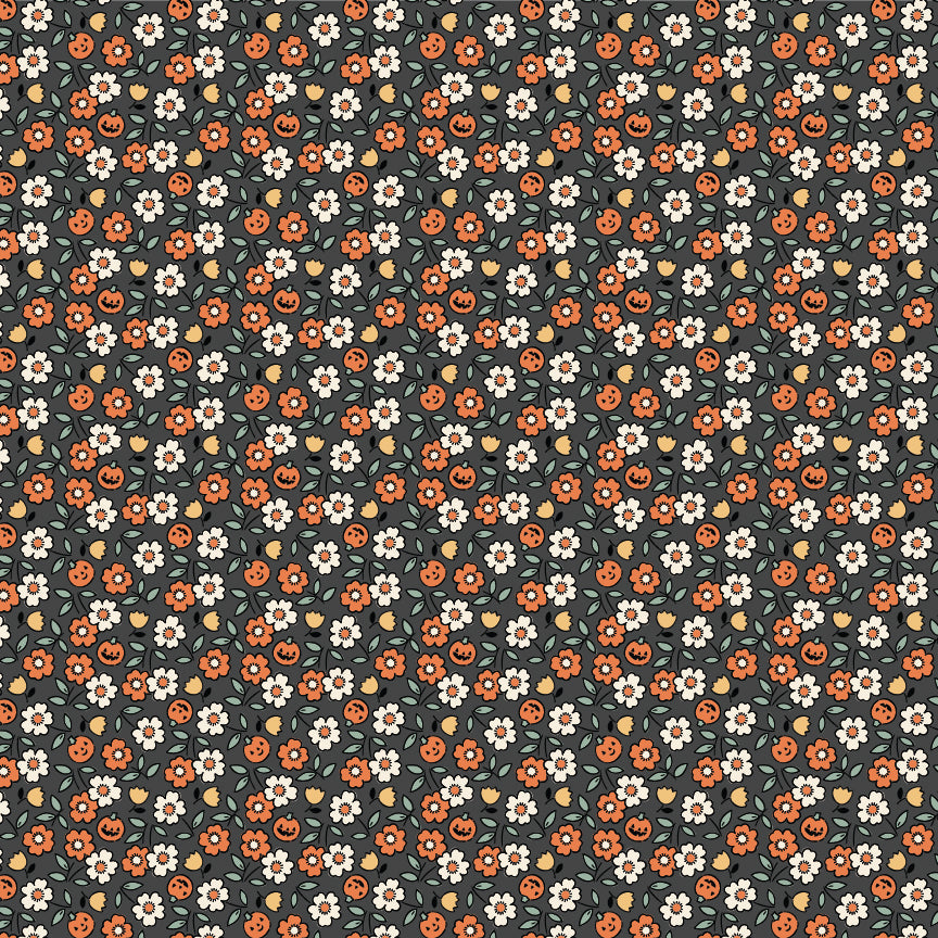 Sweet Tooth || Pumpkin Blossoms Black || Cotton Quilting Fabric Half Yard