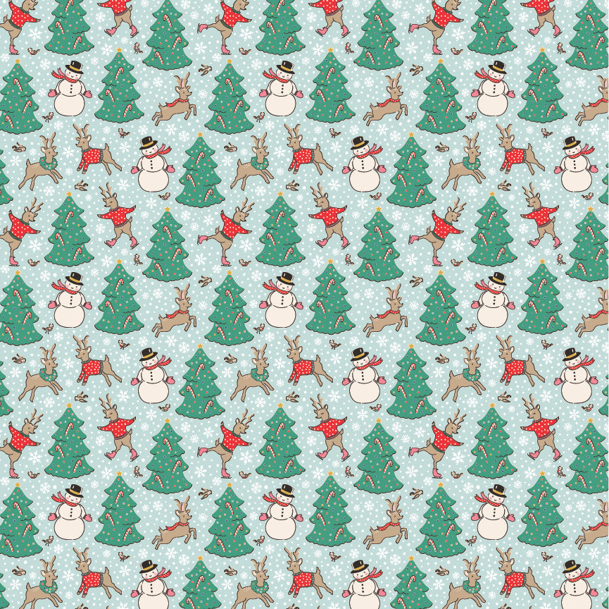 Oh What Fun || Skating Deer Blue || Cotton Quilting Fabric || Half Yard