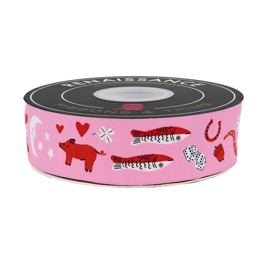 Designer Renaissance Ribbons: Ooh Lucky Lucky - Lucky in Pink 1.5" BTY