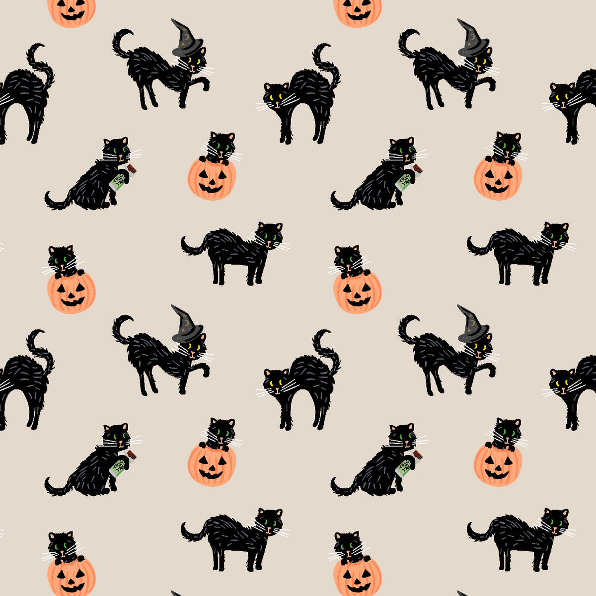 Halloween - Black Cat - Linen Metallic Fabric Half Yard