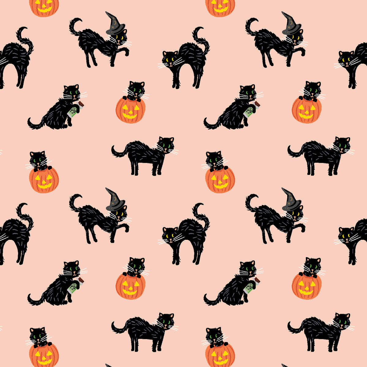 Halloween - Black Cat - Blush Metallic Fabric Half Yard