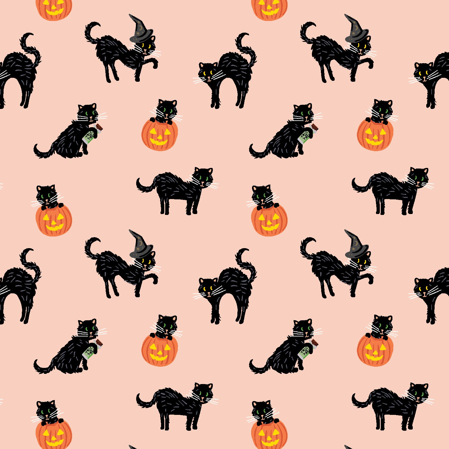 Halloween - Black Cat - Blush Metallic Fabric