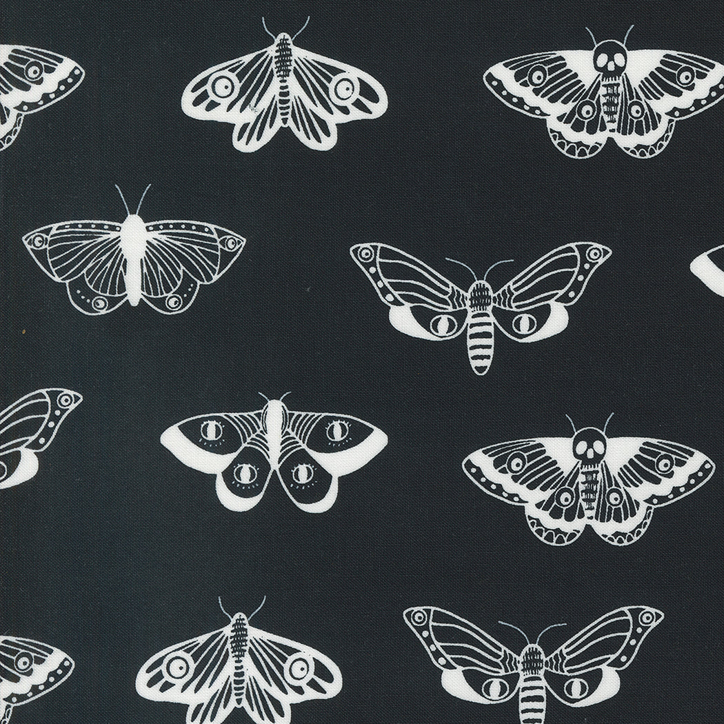 Noir || Moths Midnight and Ghost || Cotton Quilting Fabric || Half Yard