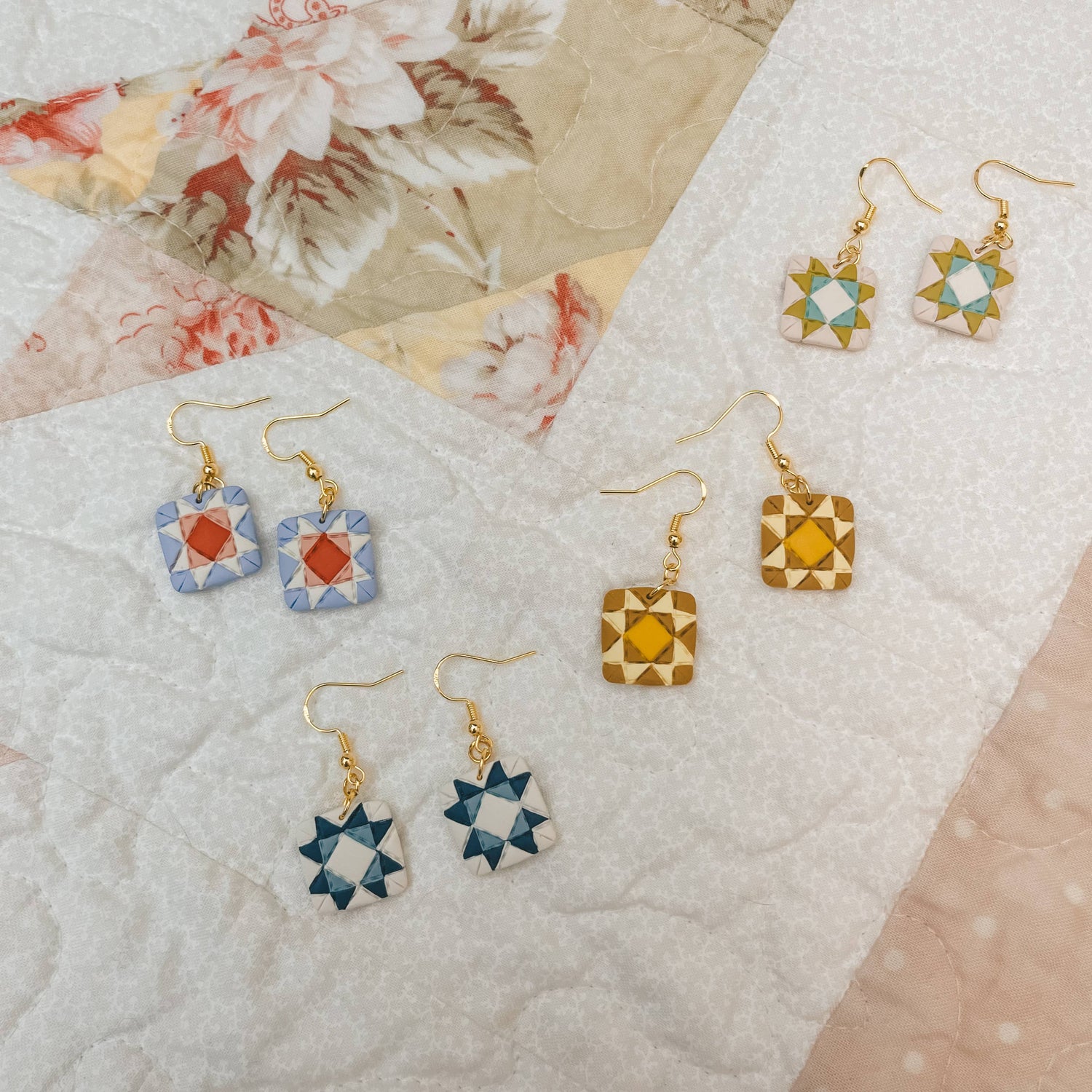 Quilt Block Dangle Earrings: Cottage Cutie