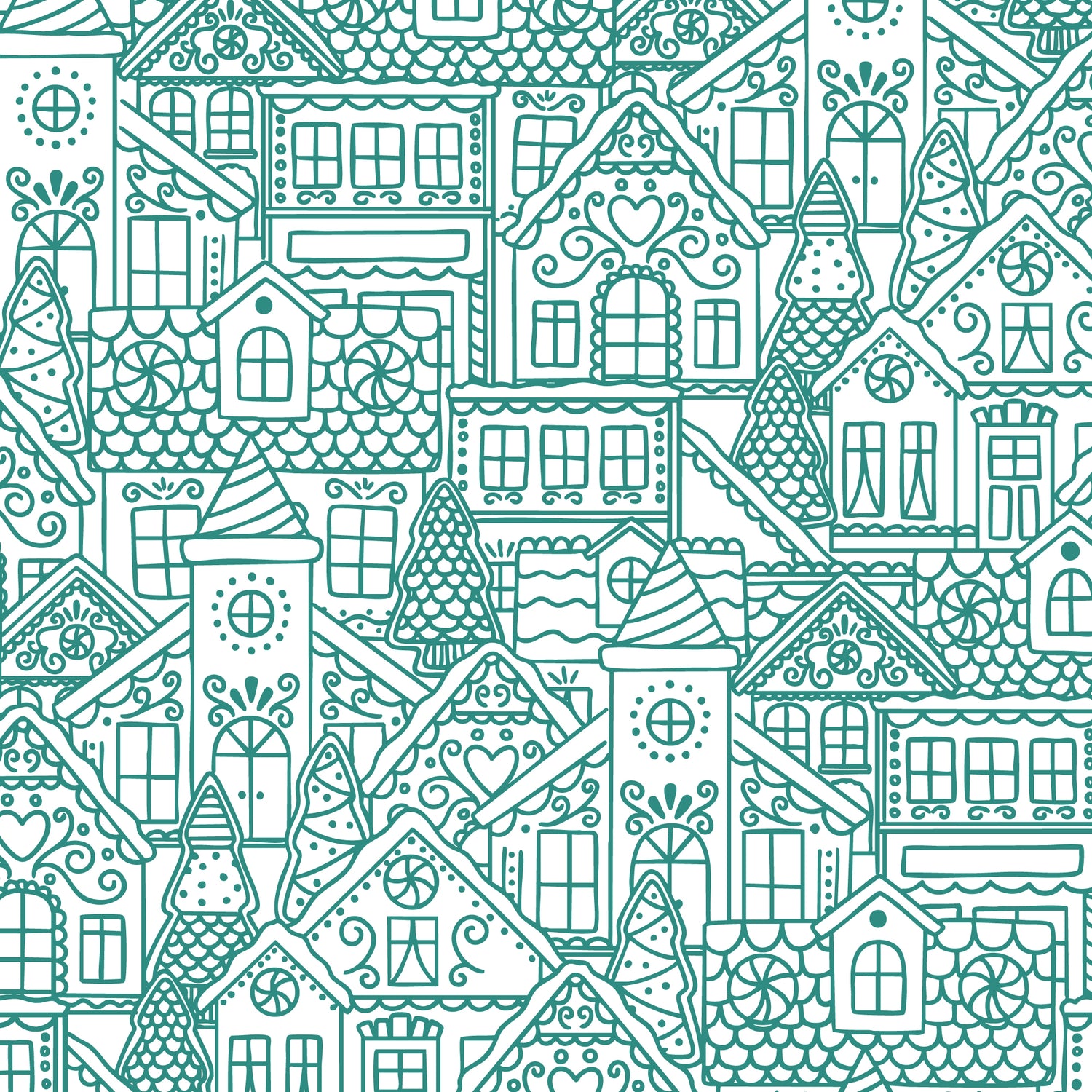 JOLLY TIDINGS || Gingerbread Village | Turquoise || Organic Cotton Quilting Fabric