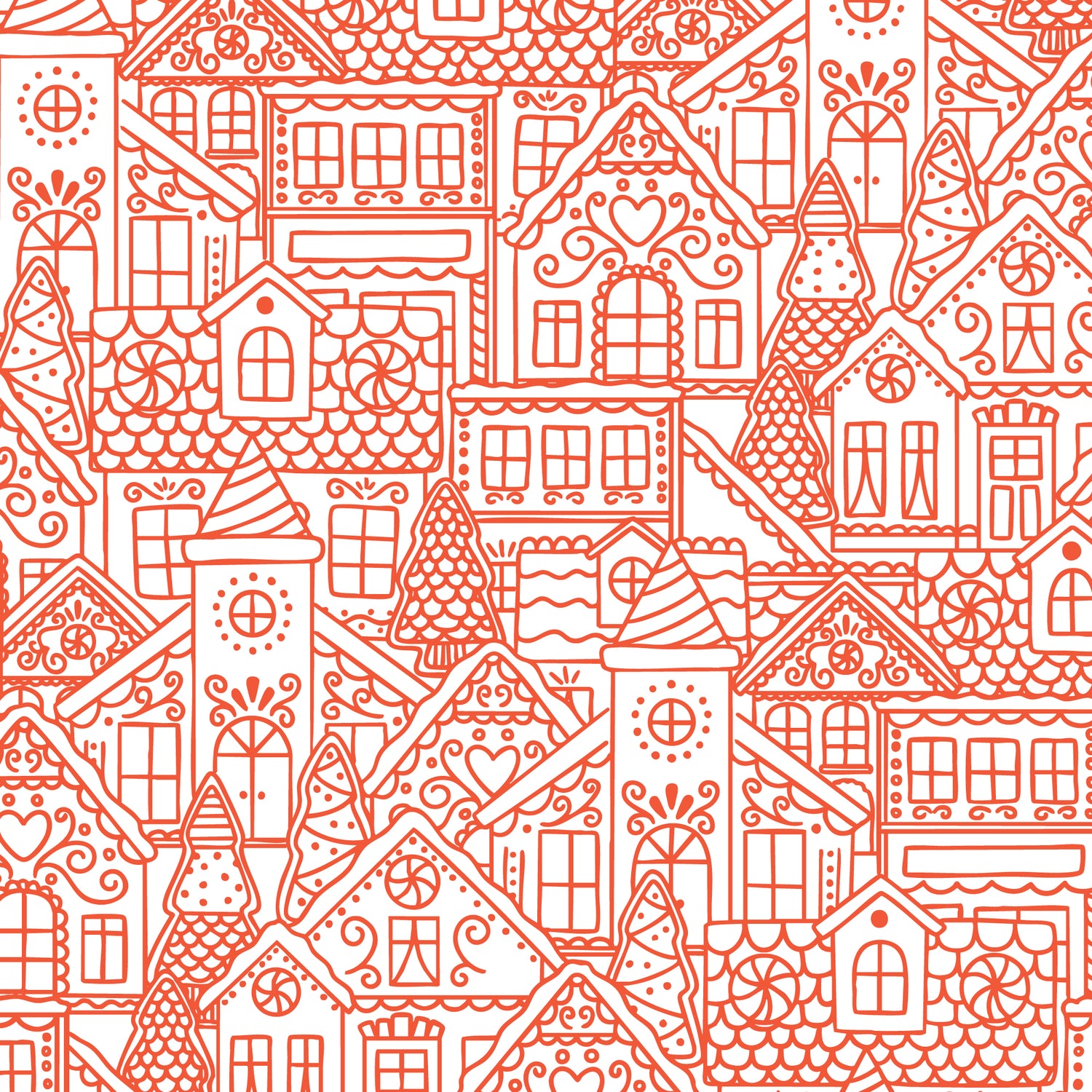 JOLLY TIDINGS || Gingerbread Village | Red || Organic Cotton Quilting Fabric