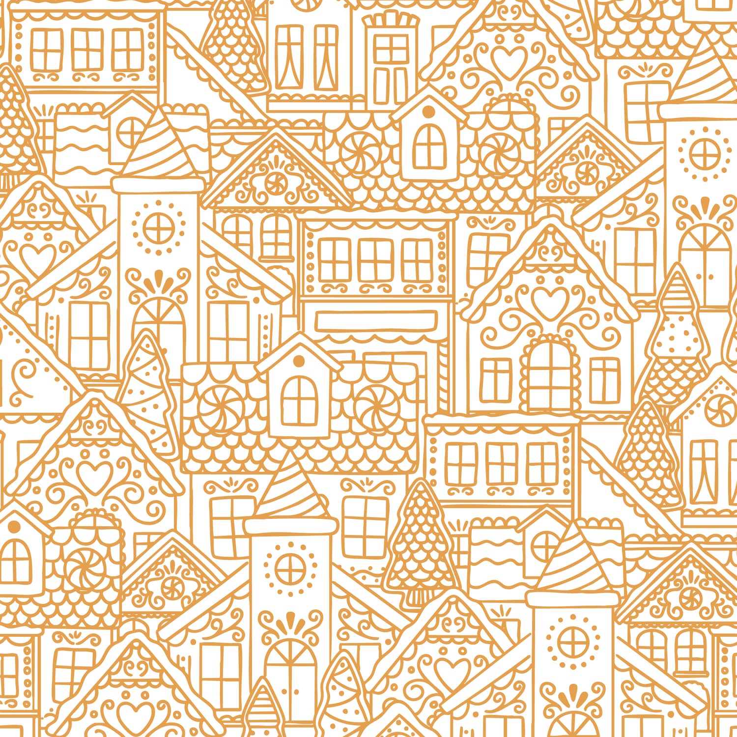 JOLLY TIDINGS || Gingerbread Village | Gold || Organic Cotton Quilting Fabric