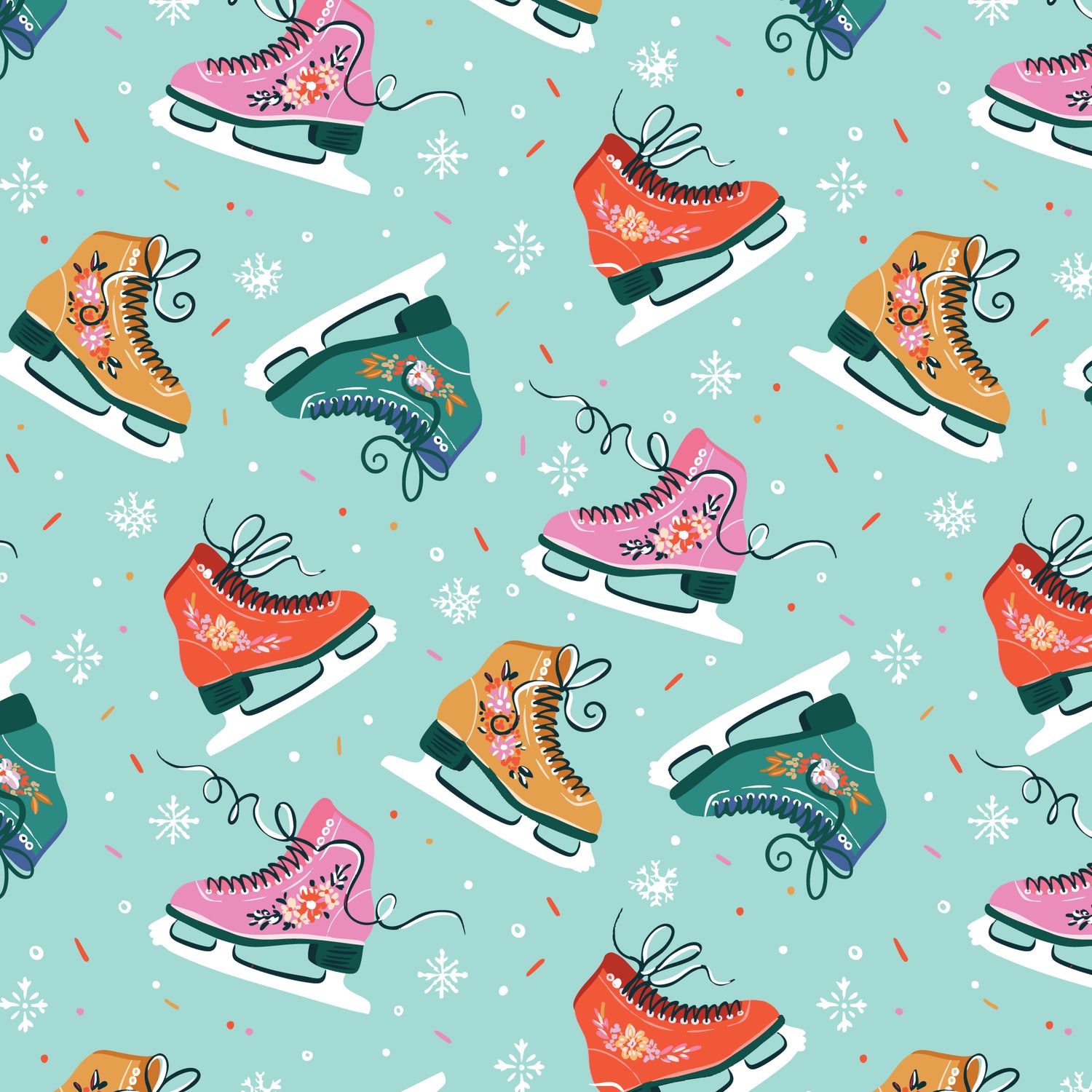 JOLLY TIDINGS || Skate to Be | Turquoise || Organic Cotton Quilting Fabric