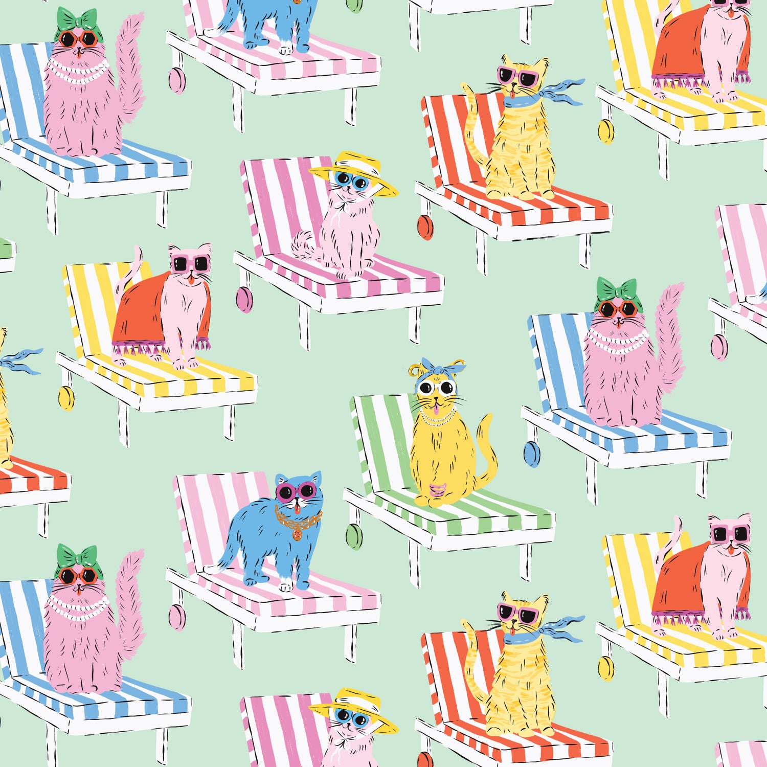 POOLSIDE PURRFECTION || Feline Fine Mint/Multi || Organic Cotton Quilting Fabric