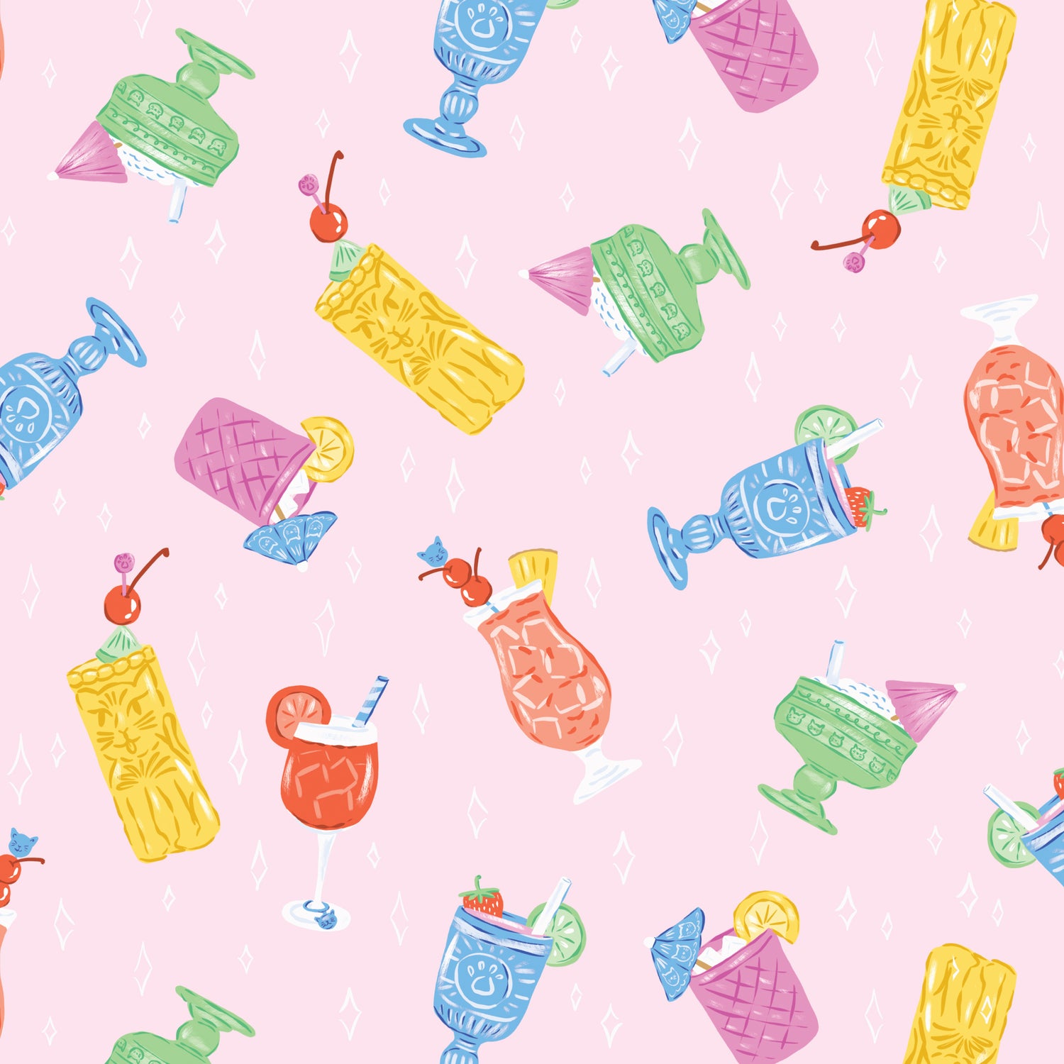 POOLSIDE PURRFECTION || Cool Cock-tails | Pink/Multi || Organic Cotton Quilting Fabric
