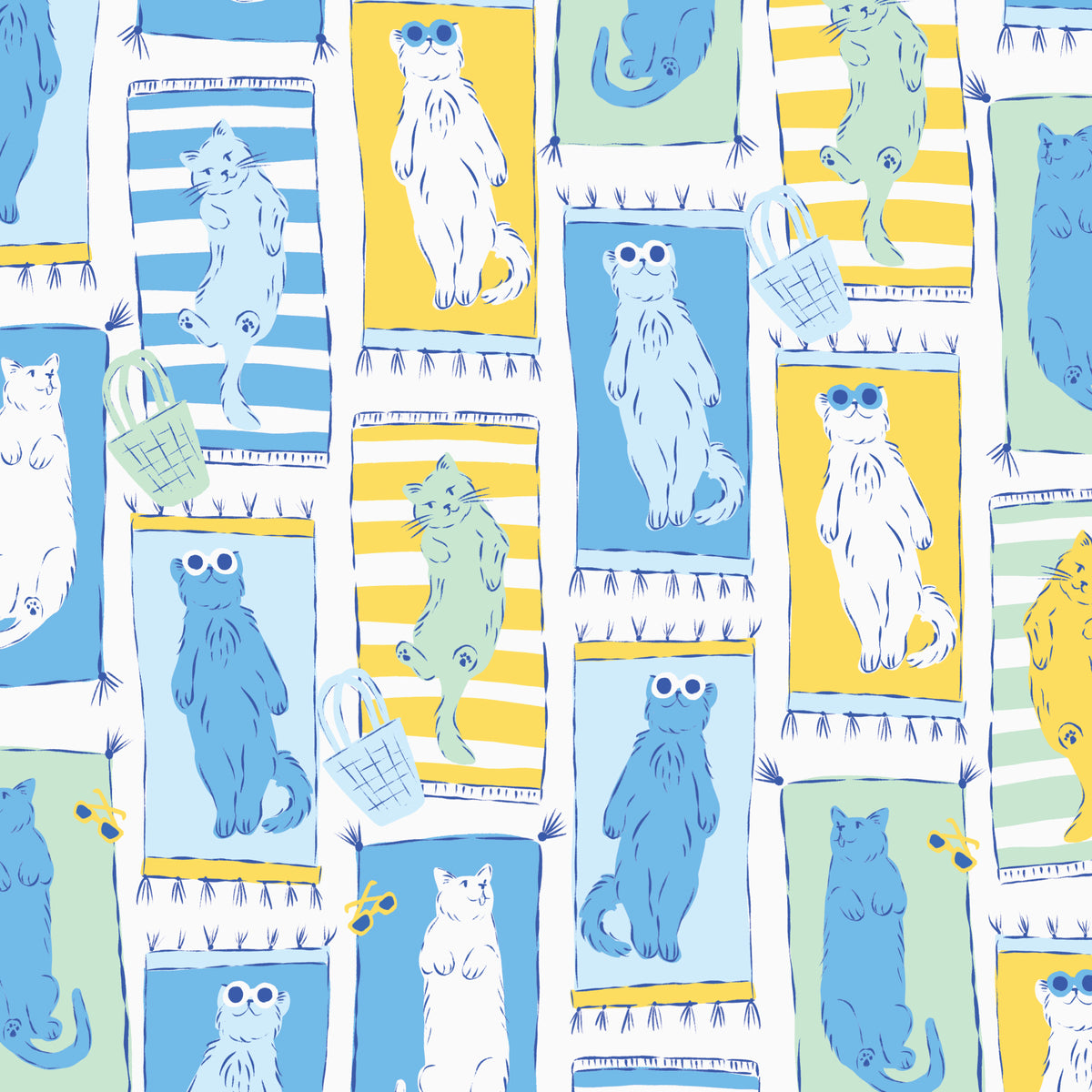 POOLSIDE PURRFECTION || Cabana Catnaps | Multi || Organic Cotton Quilting Fabric