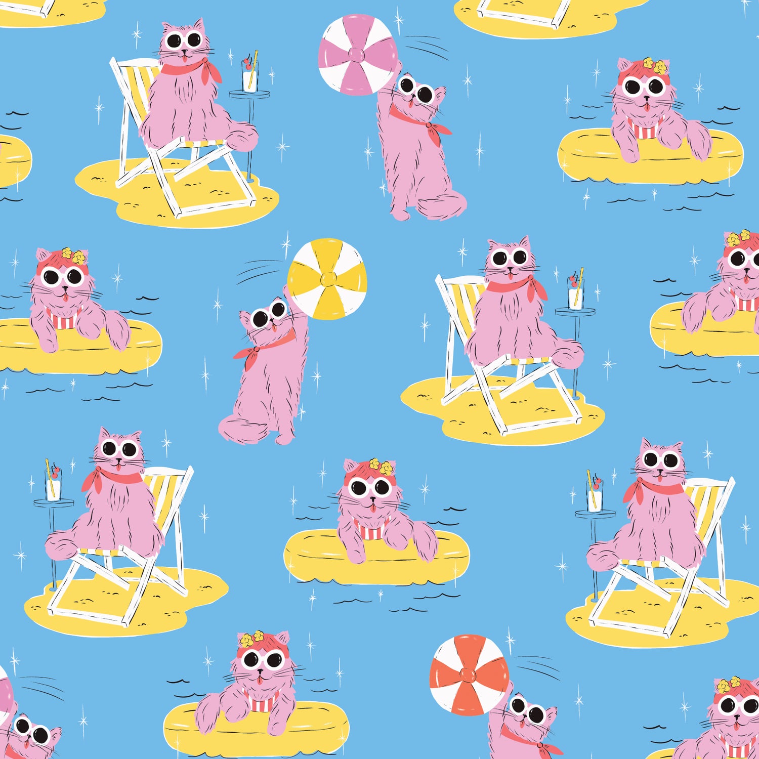 POOLSIDE PURRFECTION || Pool Pawty | Blue || Organic Cotton Quilting Fabric