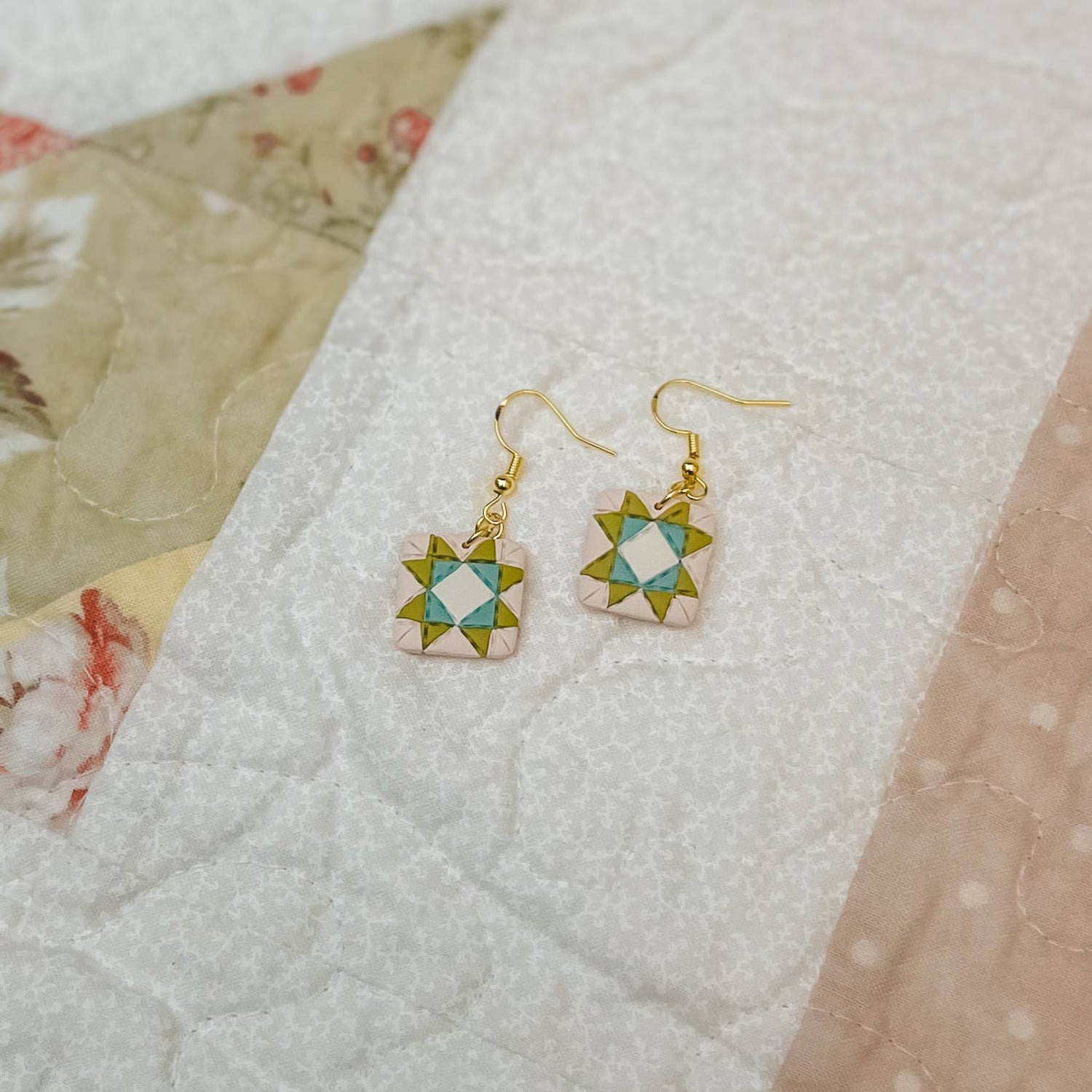 Quilt Block Dangle Earrings: Cottage Cutie