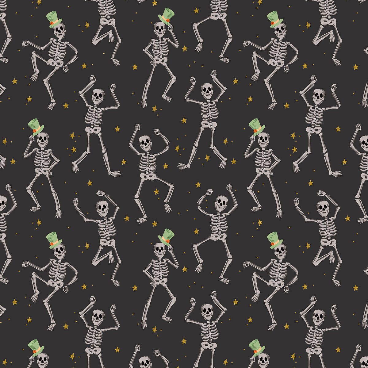Halloween - Skeletons - Black Metallic Fabric Half Yard