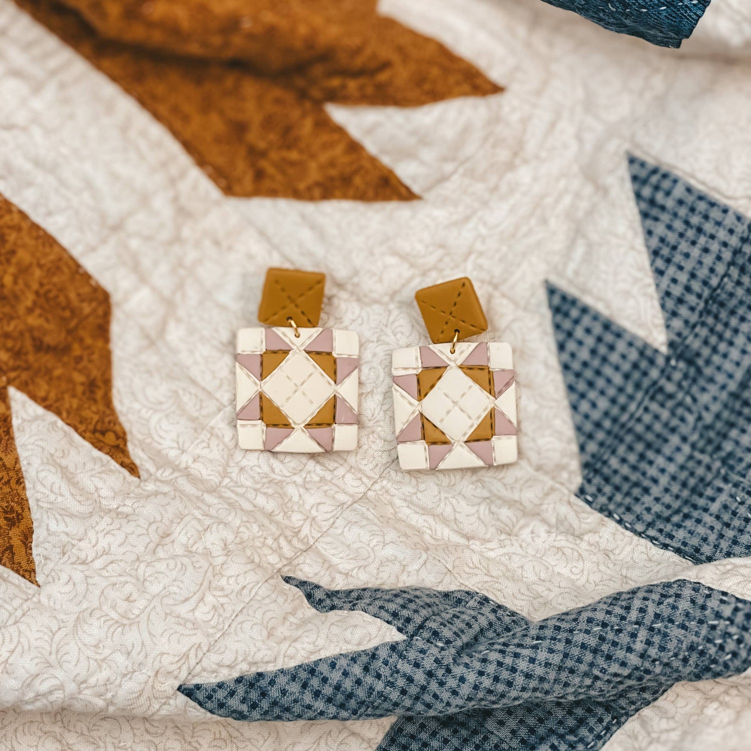 Quilted Style Stud Dangle Earrings | Mustard + Pink