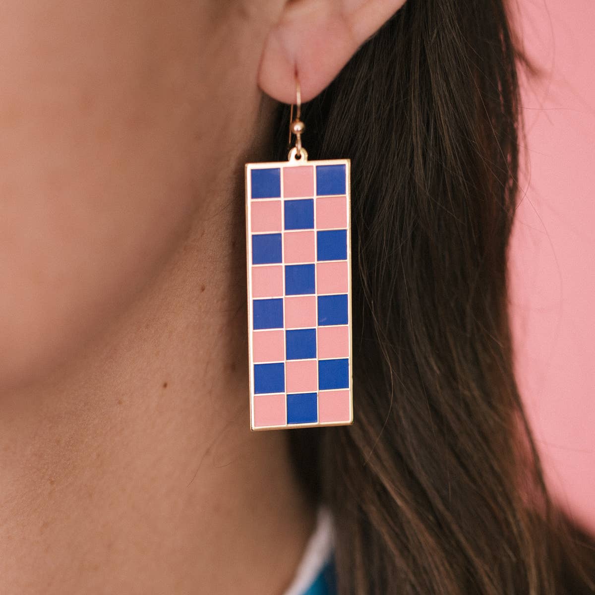 Tall Checker Earrings: Pink/Cobalt