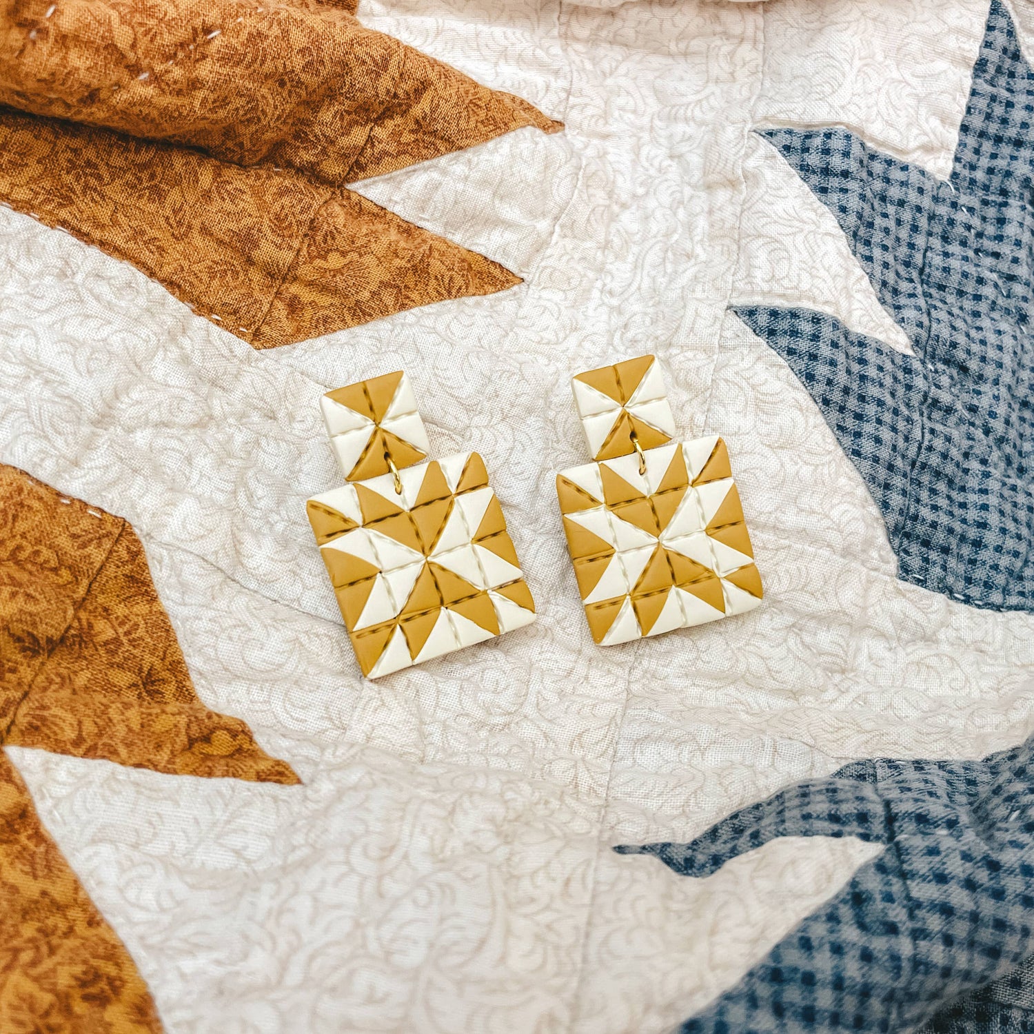Quilted Style Stud Dangle Earrings | White + Mustard