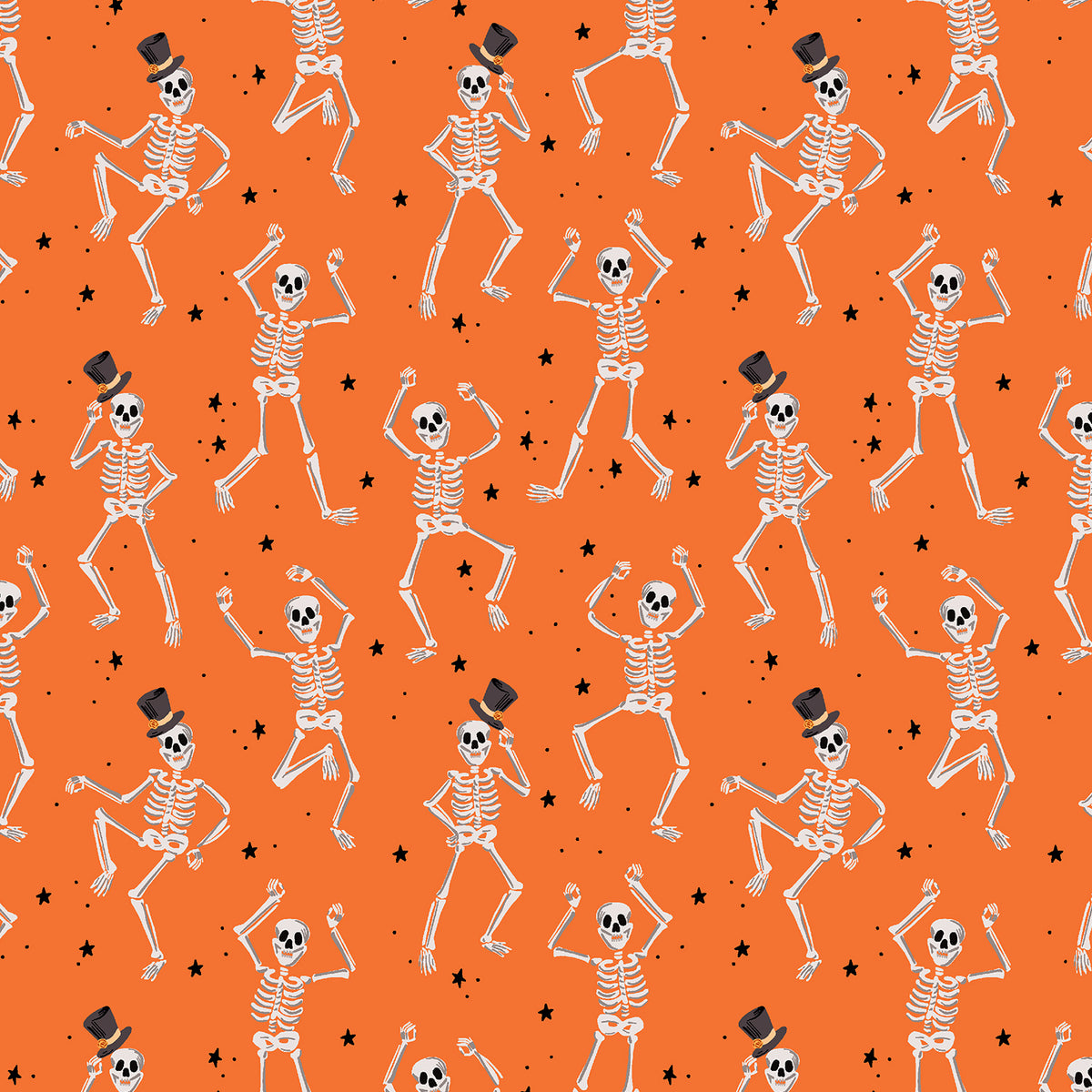 Halloween - Orange Skeletons - Black Metallic Fabric Half Yard