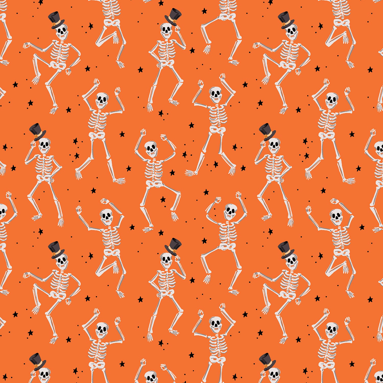 Halloween - Orange Skeletons - Black Metallic Fabric