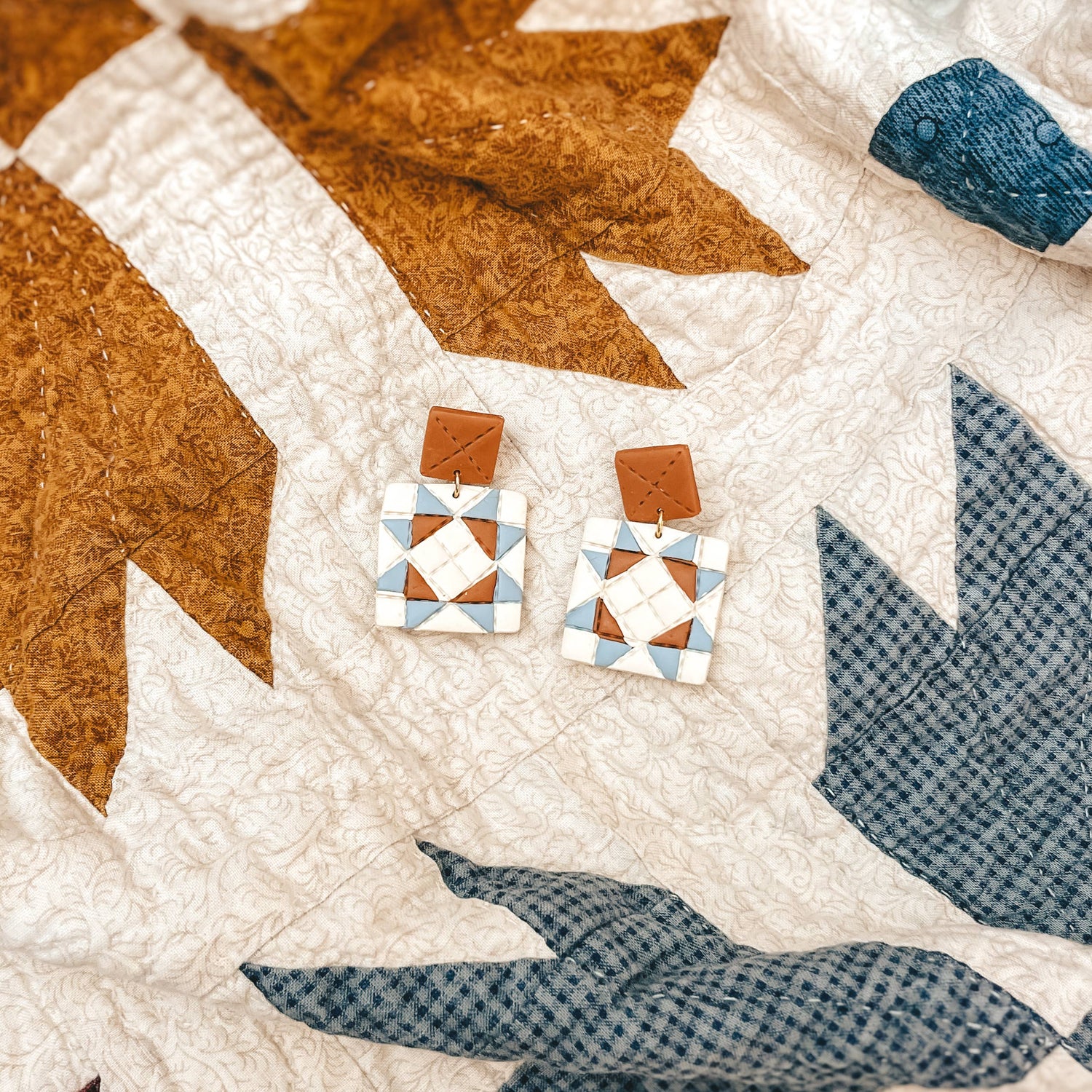 Quilted Style Stud Dangle Earrings | Orange + Blue