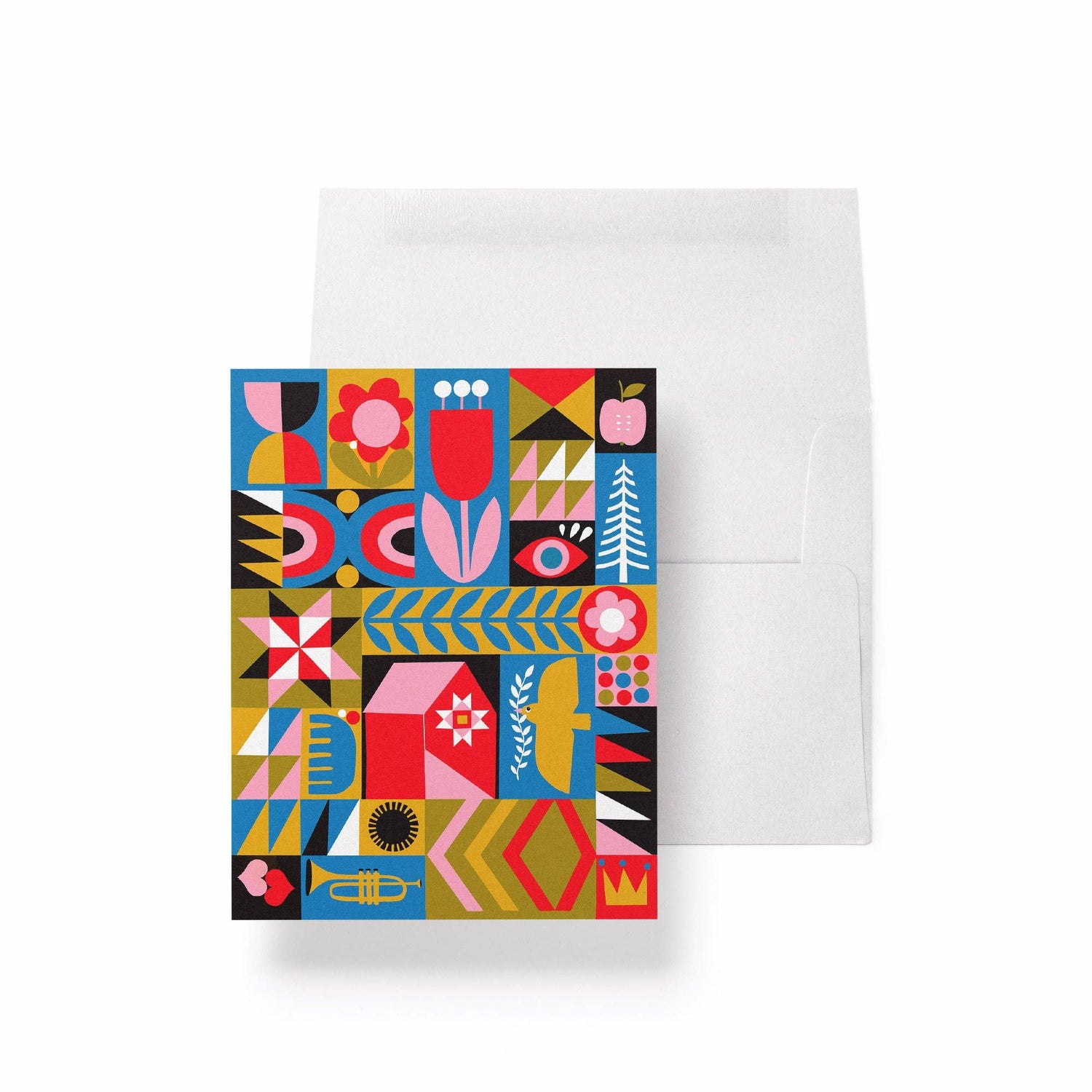 Blank/Quilt Squares with trumpet Greeting Card: Single