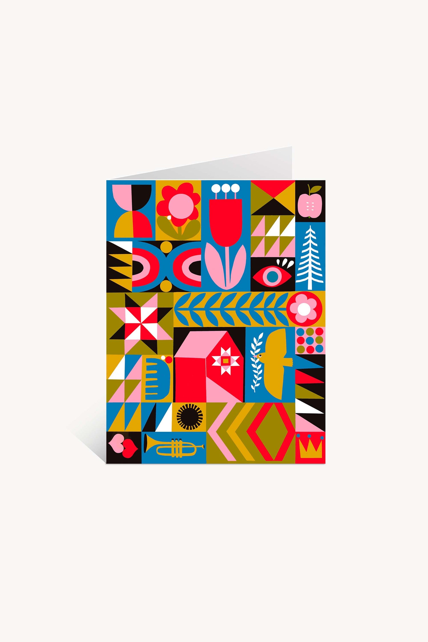 Blank/Quilt Squares with trumpet Greeting Card: Single