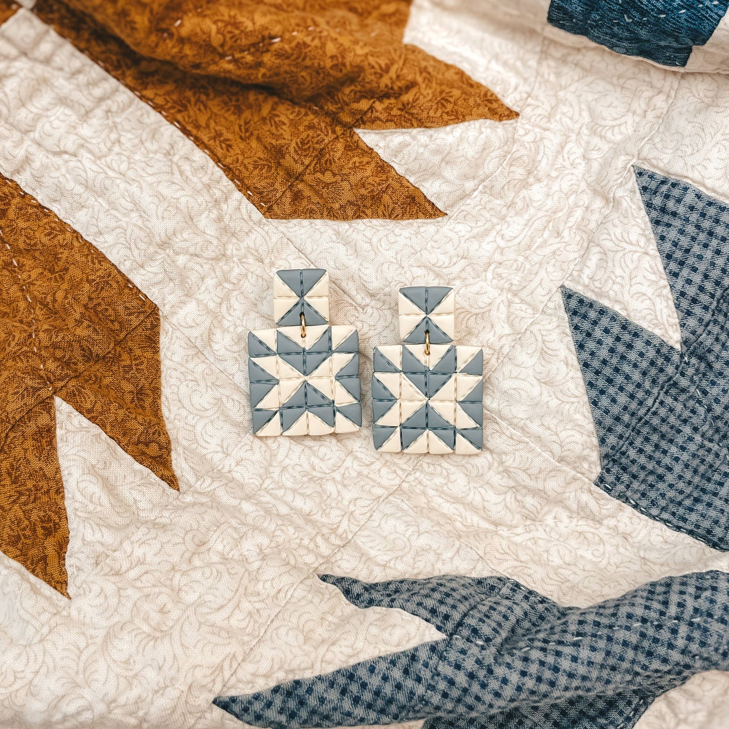 Quilted Style Stud Dangle Earrings | White + Blue