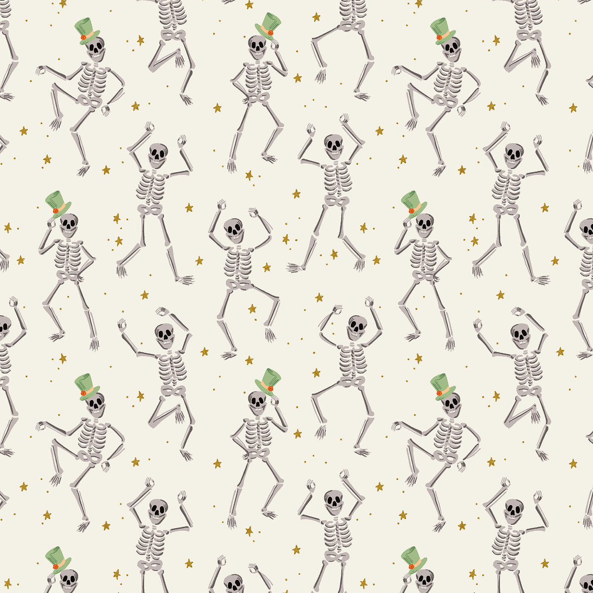 Halloween - Cream Skeletons - Black Metallic Fabric Half Yard