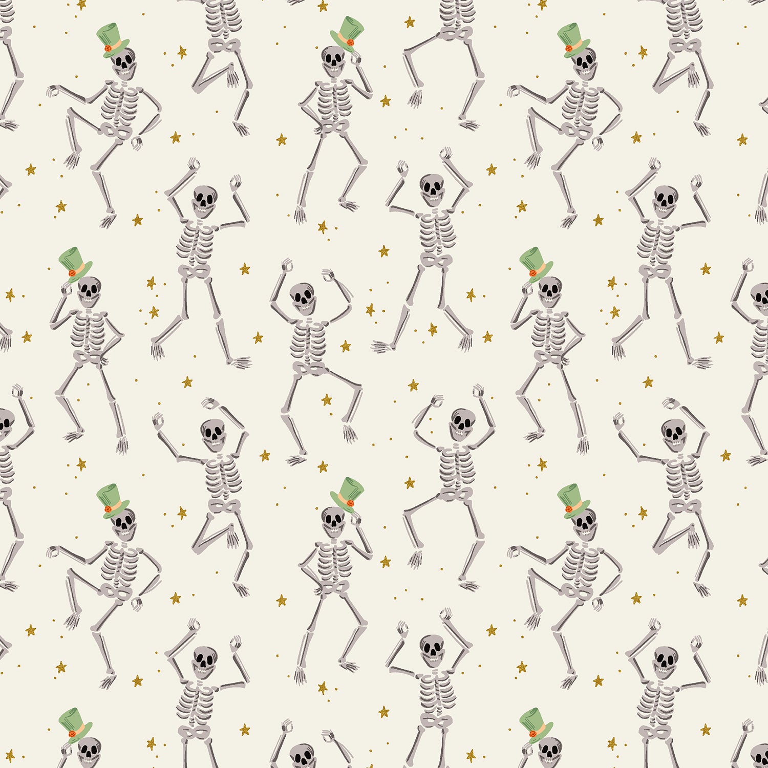 Halloween - Cream Skeletons - Black Metallic Fabric