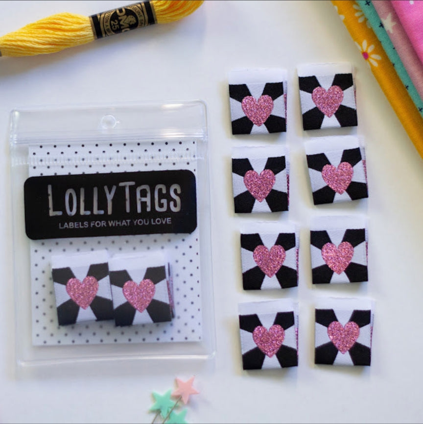 Bold Heart Pink Lolly Tags Labels || Pack of 8 Woven Labels