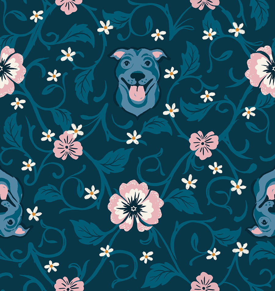 DOG PARK || Pitbull Teal Navy || Cotton Quilting Fabric || Half Yard