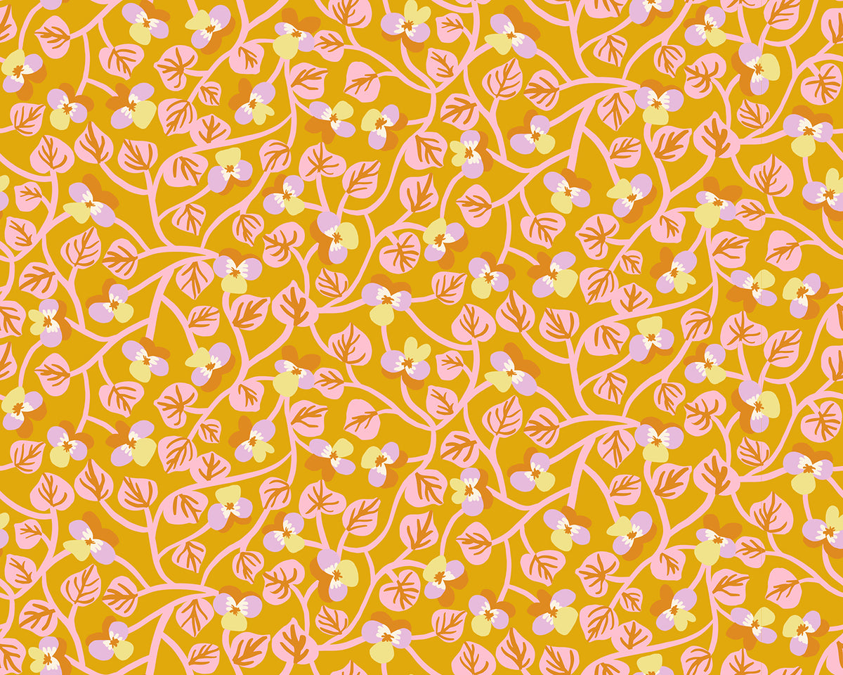 Bird Is the Word || Pansy Goldenrod || Cotton Quilting Fabric