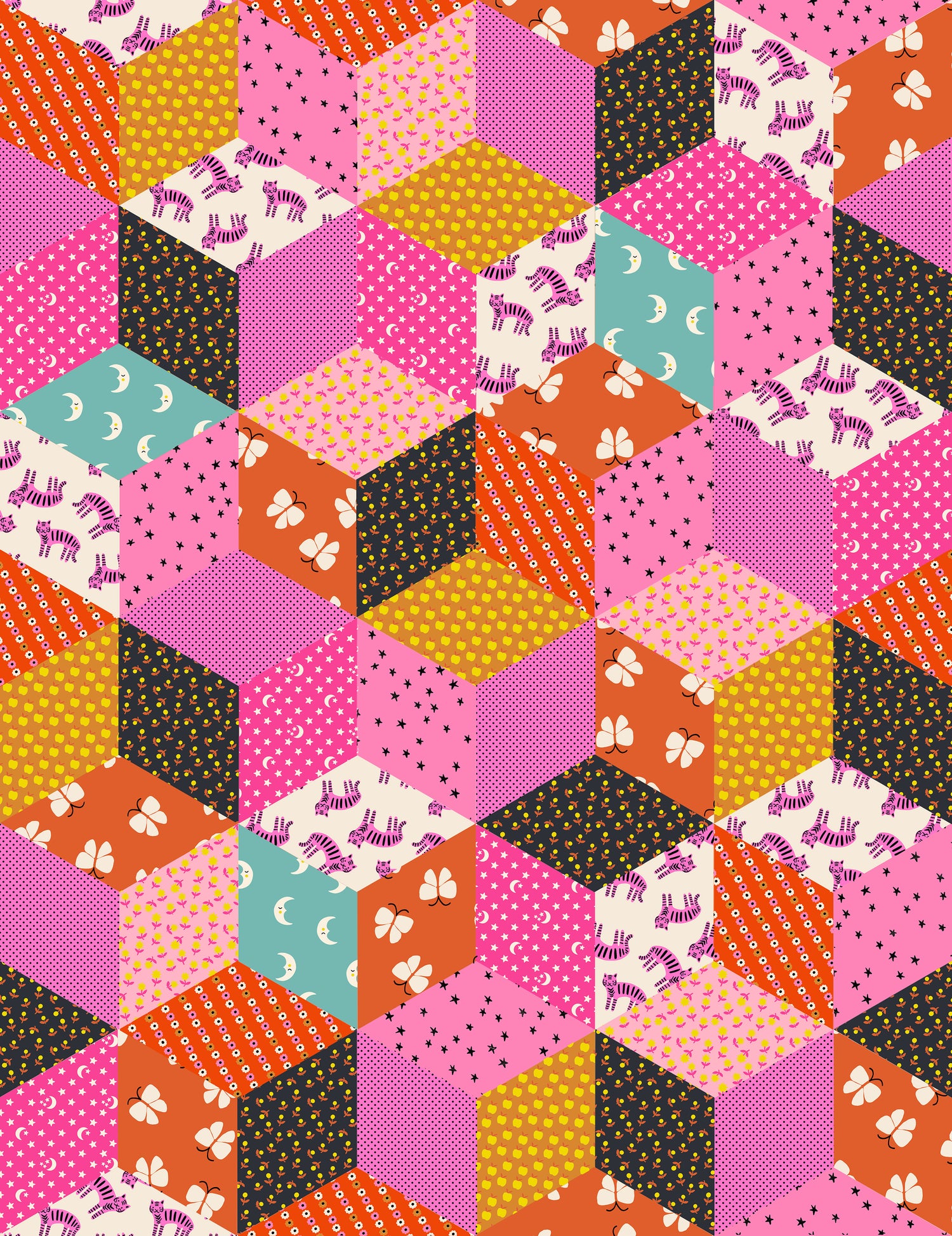 PREORDER Ooh Lucky Lucky || Tumbling Blocks Lucky Pink || Cotton Quilting Fabric