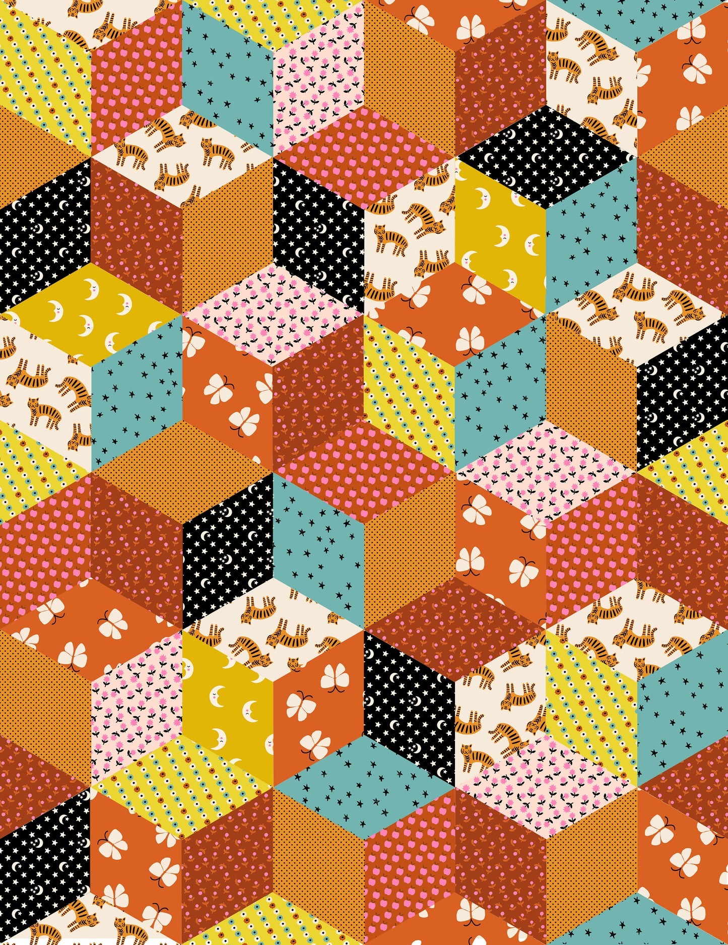 PREORDER Ooh Lucky Lucky || Tumbling Blocks Caramel || Cotton Quilting Fabric