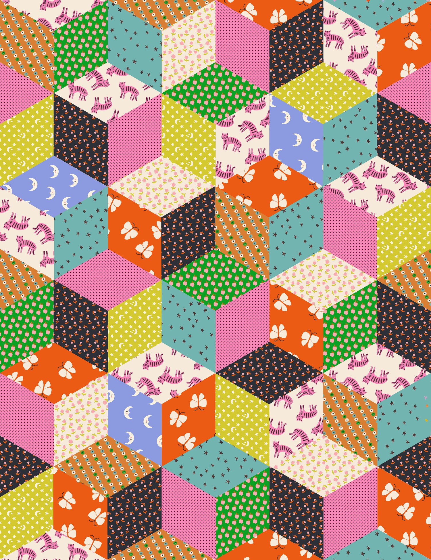 PREORDER Ooh Lucky Lucky || Tumbling Blocks Vivid || Cotton Quilting Fabric