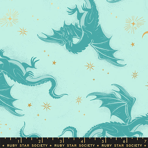 PREORDER FIRE GLOW || Etched Dragons Mint (Metallic) || Cotton Quilting Fabric