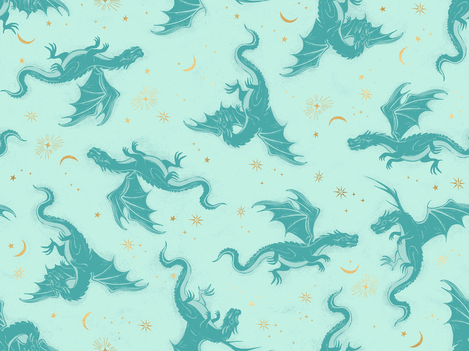 PREORDER FIRE GLOW || Etched Dragons Mint (Metallic) || Cotton Quilting Fabric