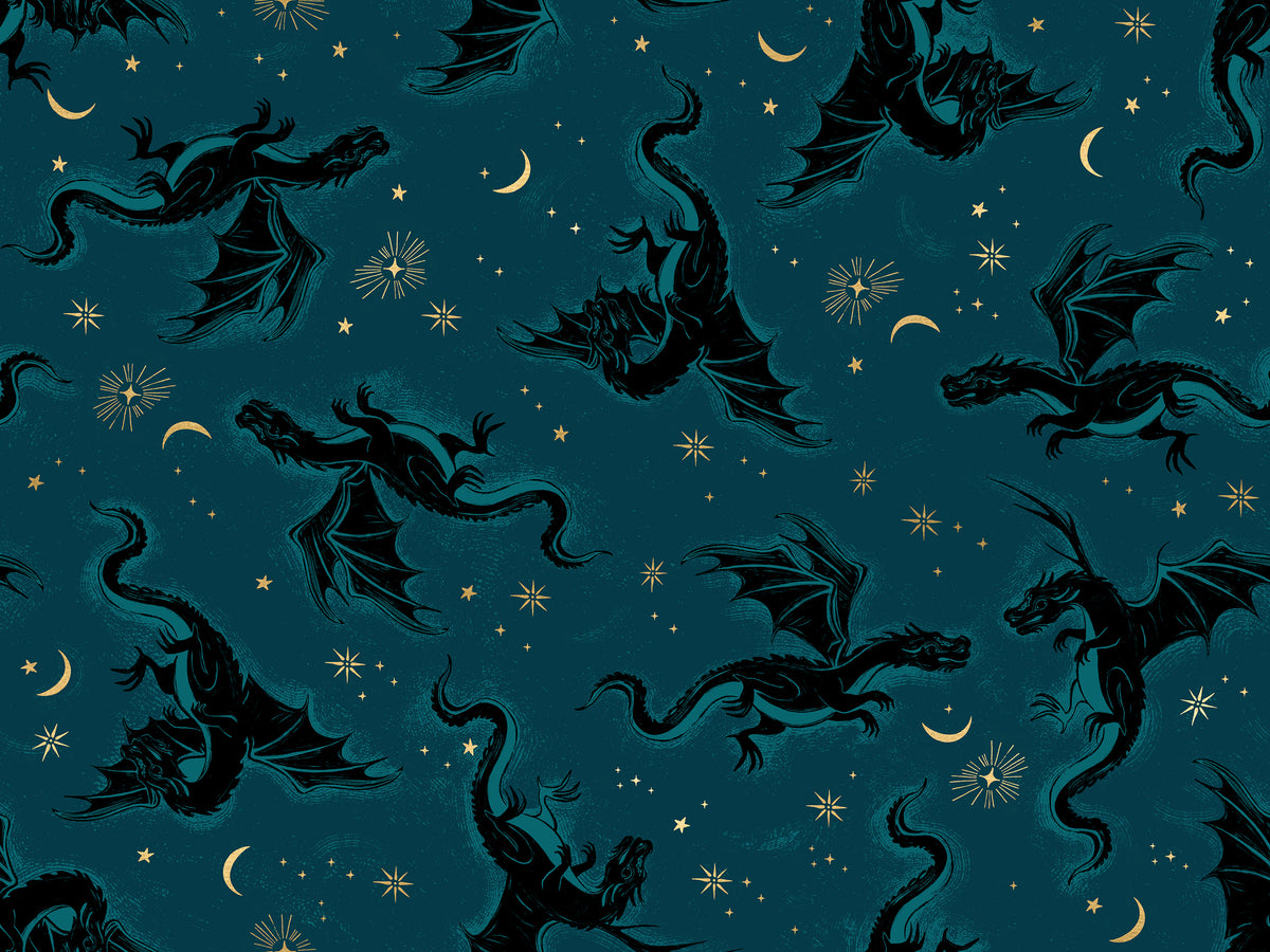 PREORDER FIRE GLOW || Etched Dragons Galaxy (Metallic) || Cotton Quilting Fabric