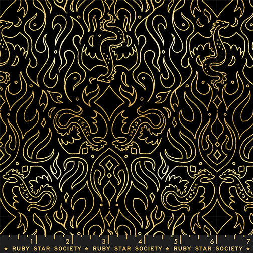 PREORDER FIRE GLOW || Scribe Black (Metallic) || Cotton Quilting Fabric