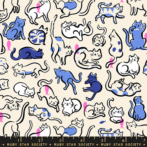 PREORDER Oops All Cats || Schmitties Lindley Blue || Cotton Quilting Fabric